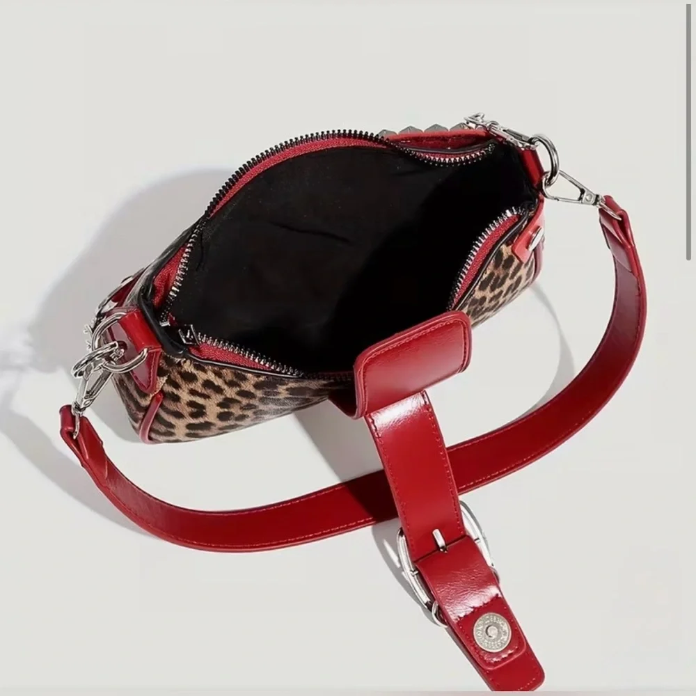 Y2K Leopard Print Shoulder Bag Red Studded Chain Punk Grunge Purse - NEW - Picture 9 of 9
